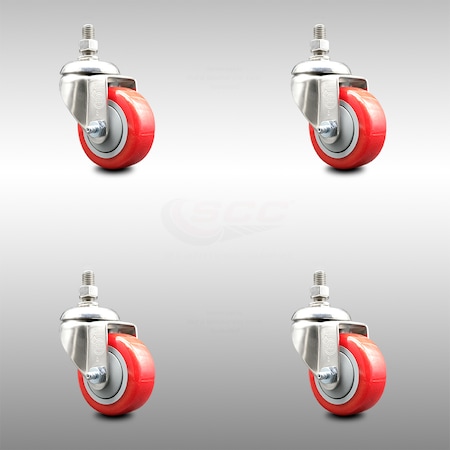 Service Caster 3 Inch 316SS Red Polyurethane Wheel Swivel 12mm Threaded Stem Caster Set SCC-SS316TS20S314-PPUB-RED-M1215-4